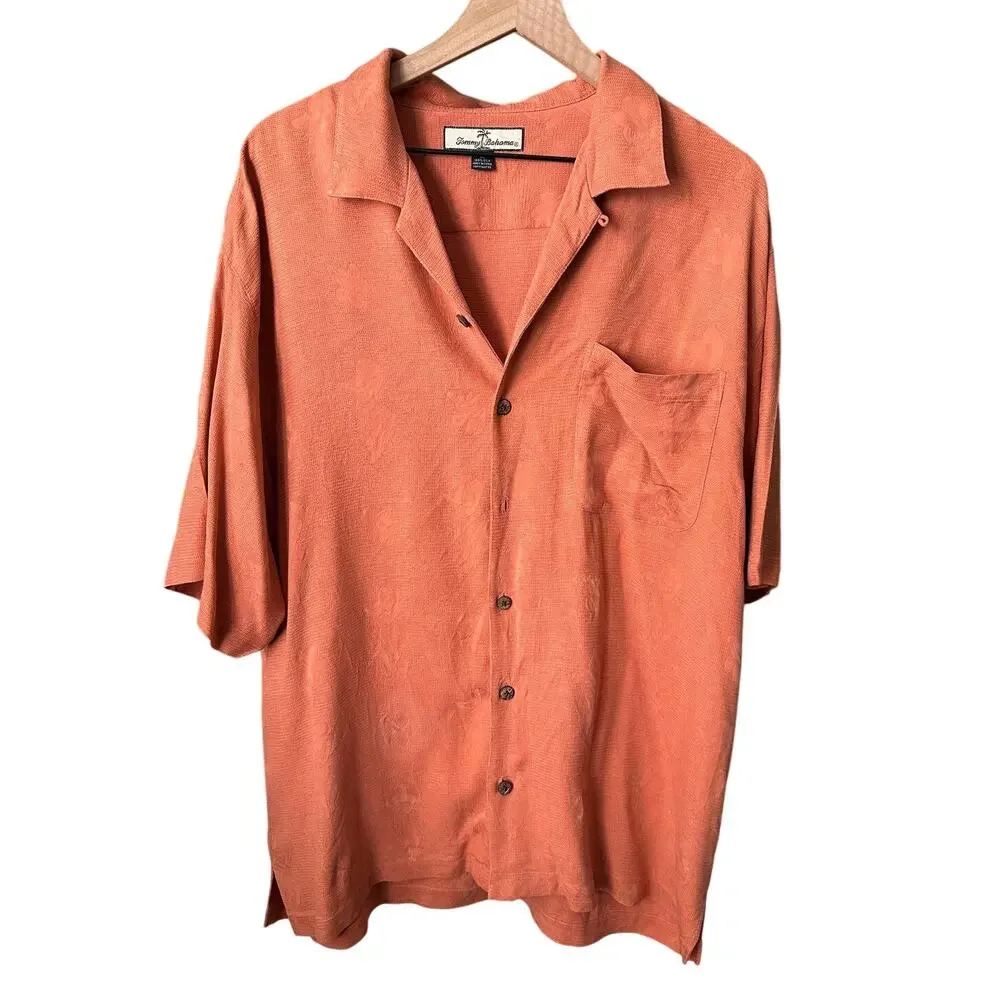 Tommy Bahama Relax Orange Silk Hawaiian Luau Pattern Camp Shirt XL